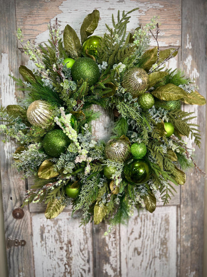 Christmas Grapevine wreath with Pine, Green and Gold Ornaments with sparkling foliage for the holidays