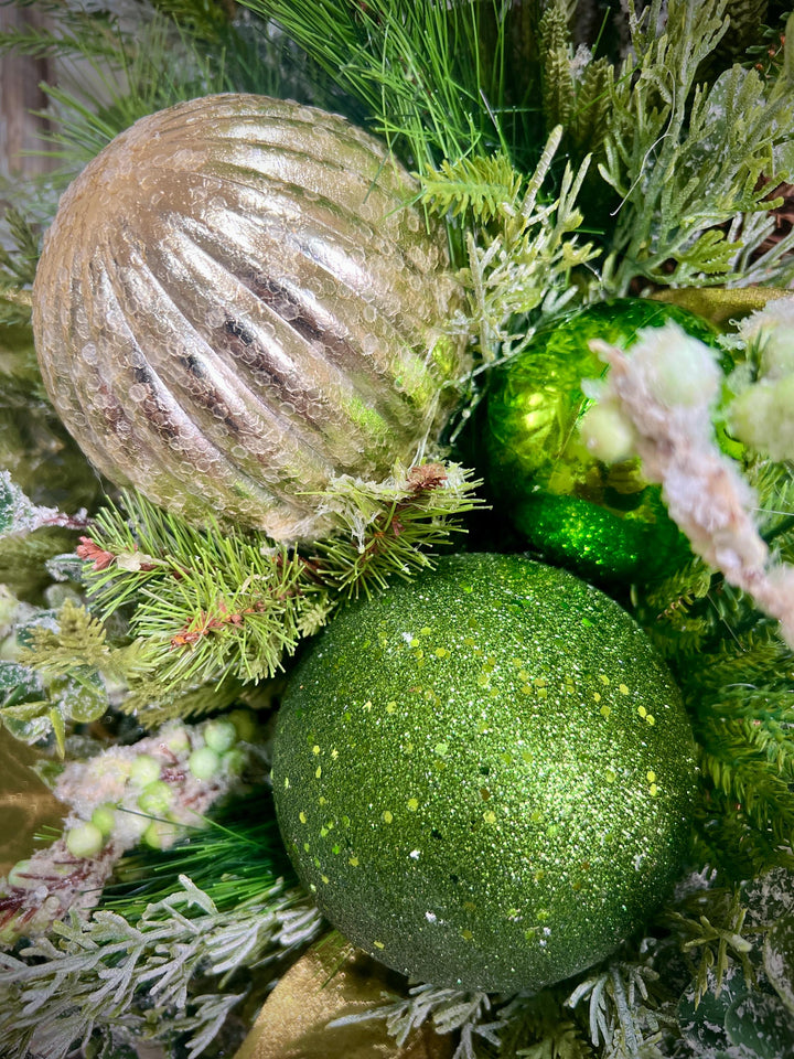 Christmas Grapevine wreath with Pine, Green and Gold Ornaments with sparkling foliage for the holidays