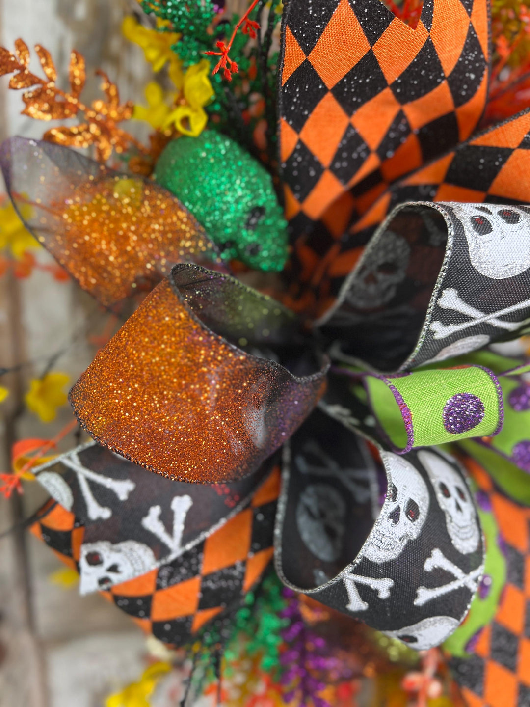 Skelton Sign Grapevine Wreath - Halloween Ribbons and more