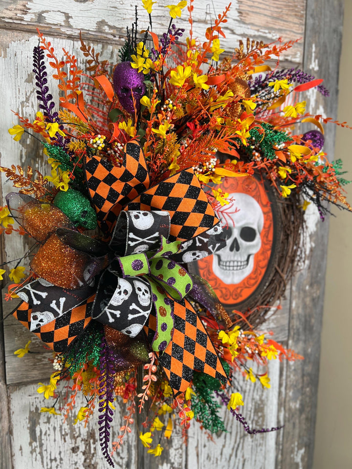 Skelton Sign Grapevine Wreath - Halloween Ribbons and more