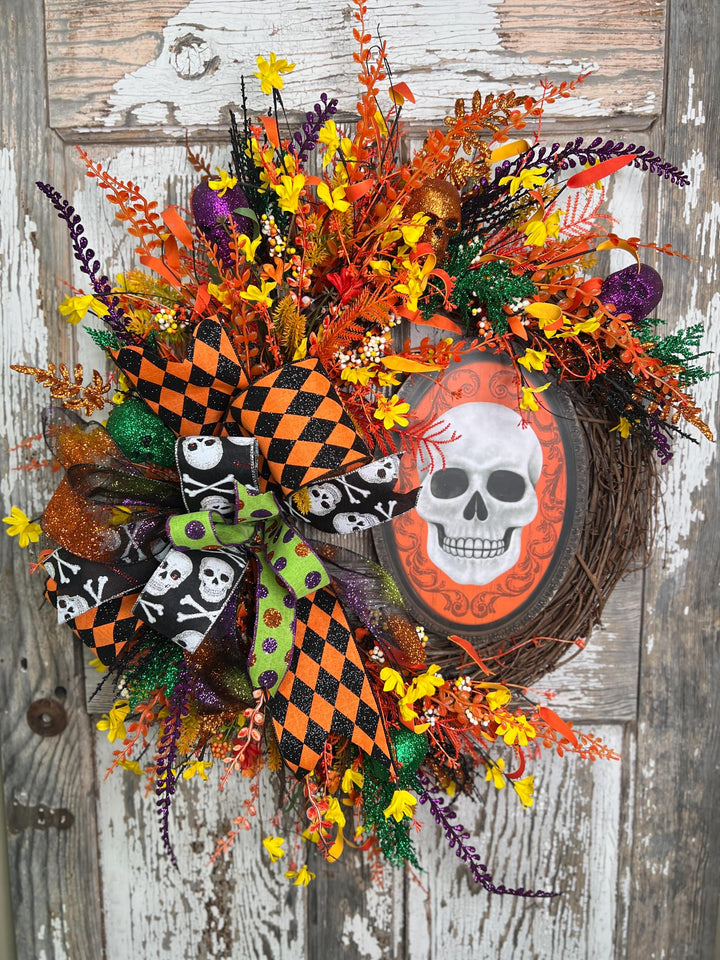 Skelton Sign Grapevine Wreath - Halloween Ribbons and more