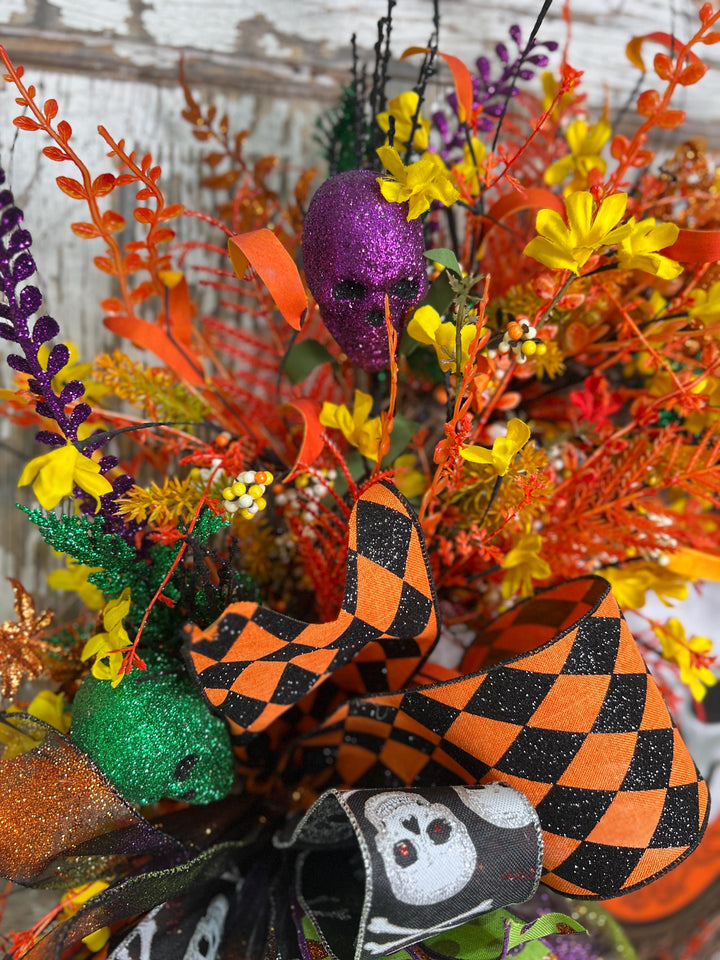 Skelton Sign Grapevine Wreath - Halloween Ribbons and more