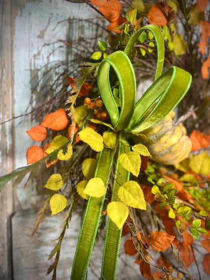 Whispy Fall Grapevine Twig Wreath with Pumpkin