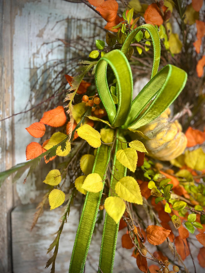 Whispy Fall Grapevine Twig Wreath with Pumpkin