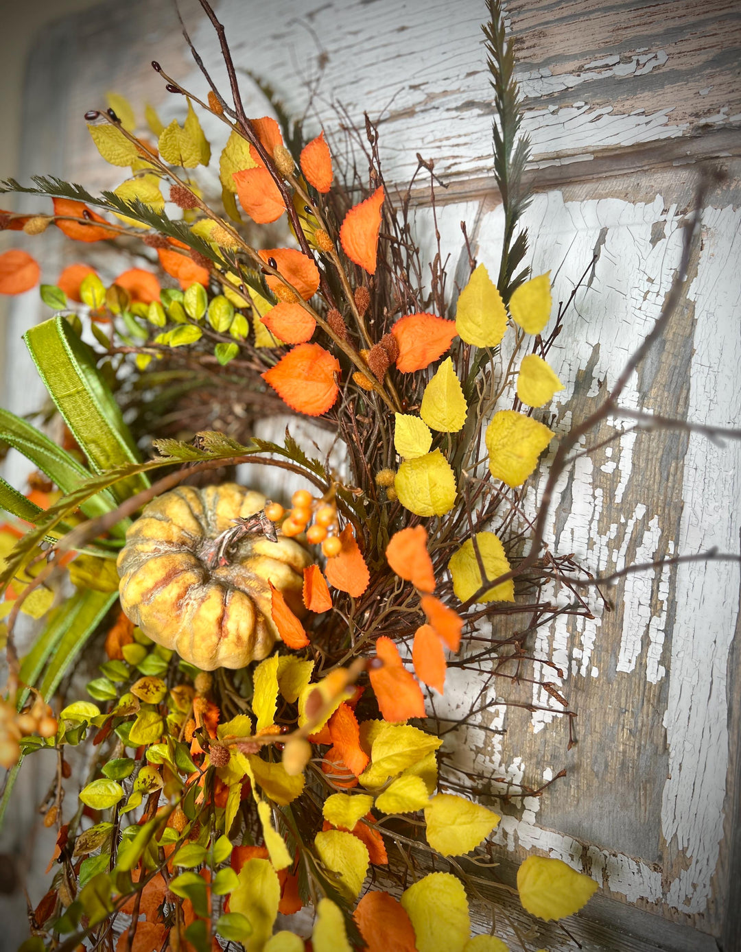 Whispy Fall Grapevine Twig Wreath with Pumpkin