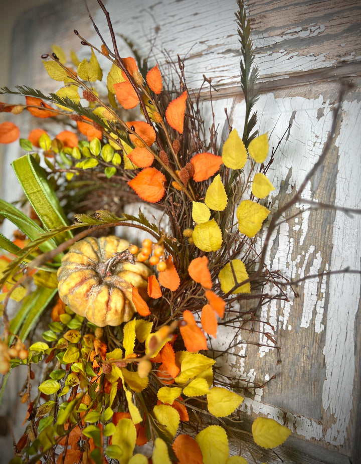 Whispy Fall Grapevine Twig Wreath with Pumpkin