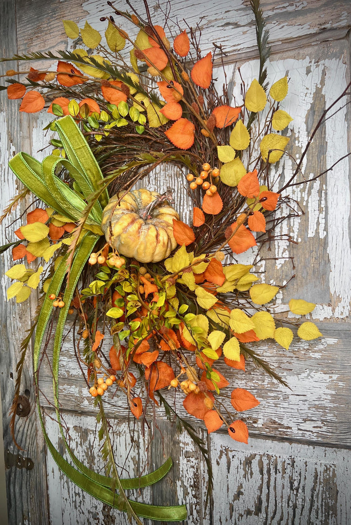 Whispy Fall Grapevine Twig Wreath with Pumpkin