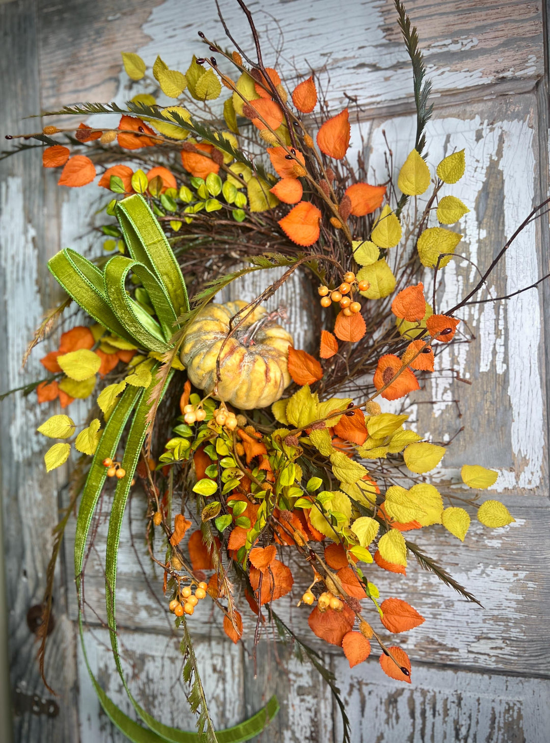 Whispy Fall Grapevine Twig Wreath with Pumpkin