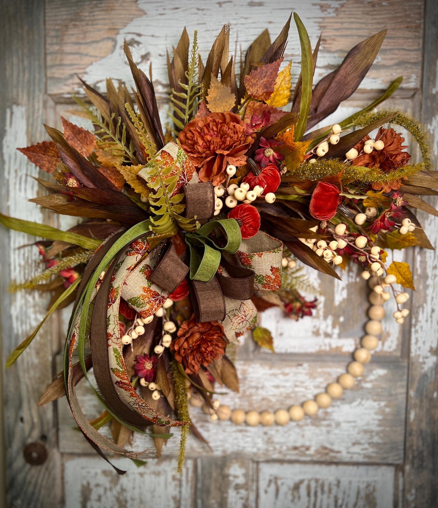 Fall Bead Wreath with Fall Florals and Pumpkins