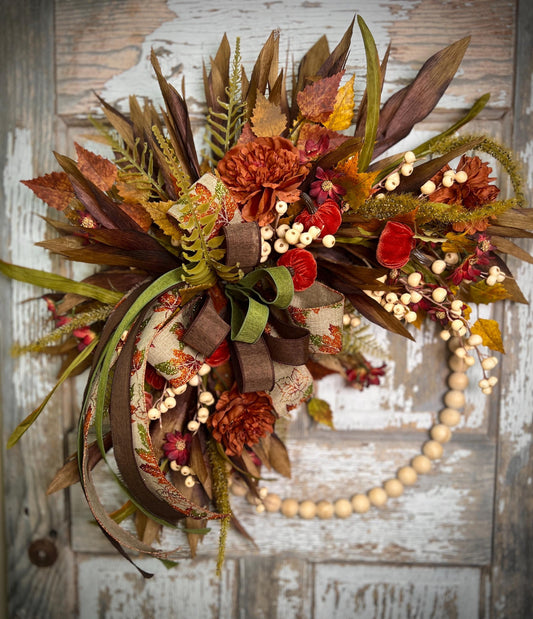 Fall Bead Wreath with Fall Florals and Pumpkins