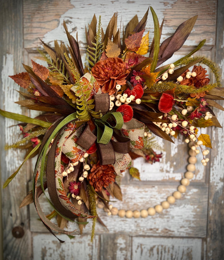 Fall Bead Wreath with Fall Florals and Pumpkins