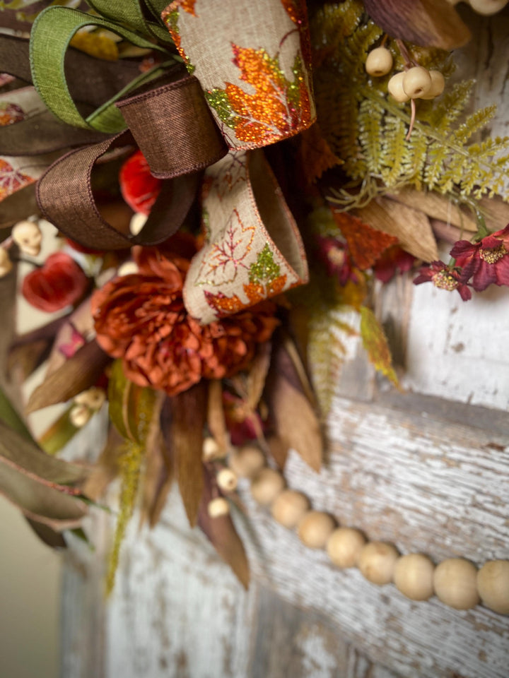 Fall Bead Wreath with Fall Florals and Pumpkins