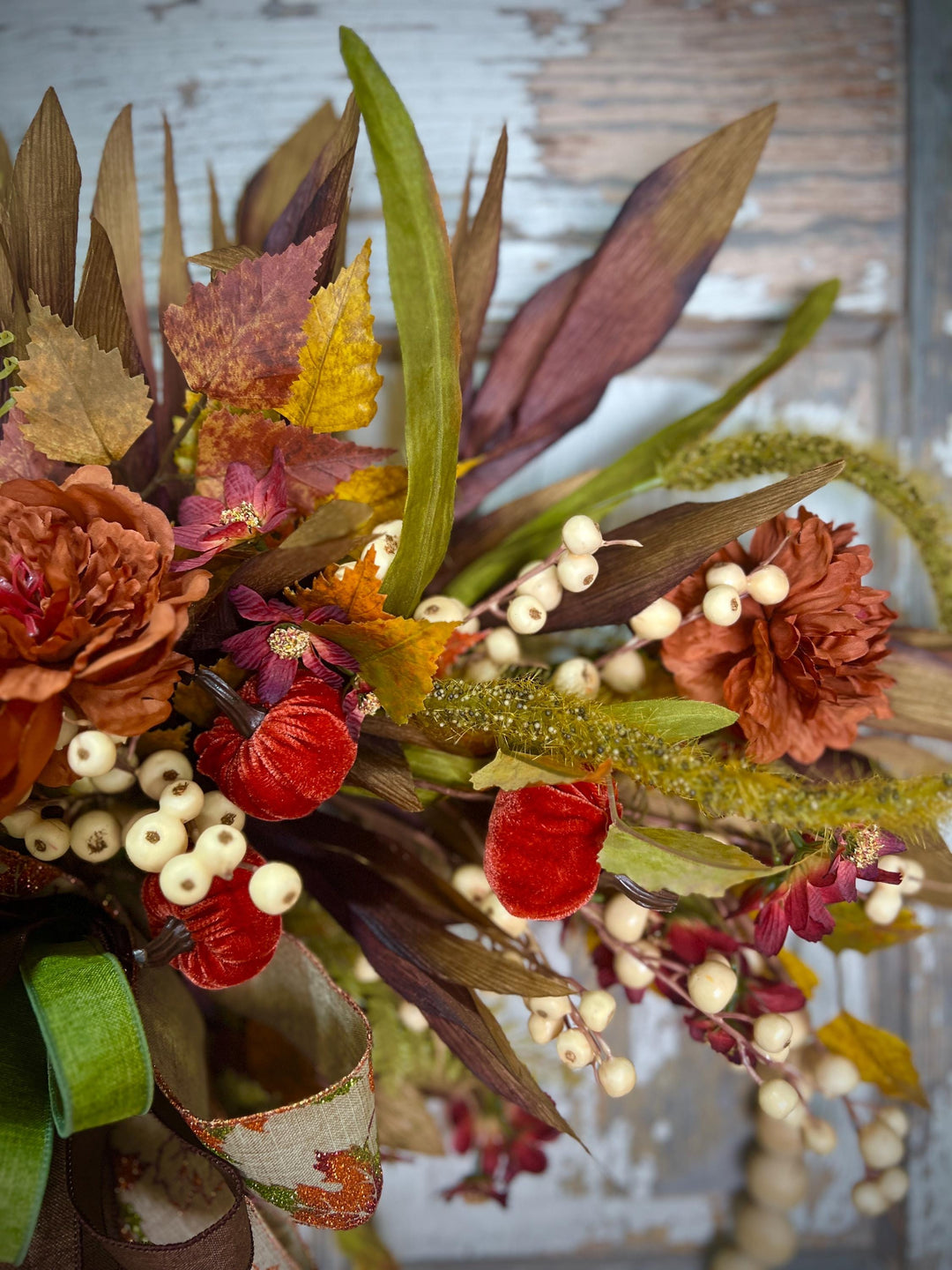 Fall Bead Wreath with Fall Florals and Pumpkins