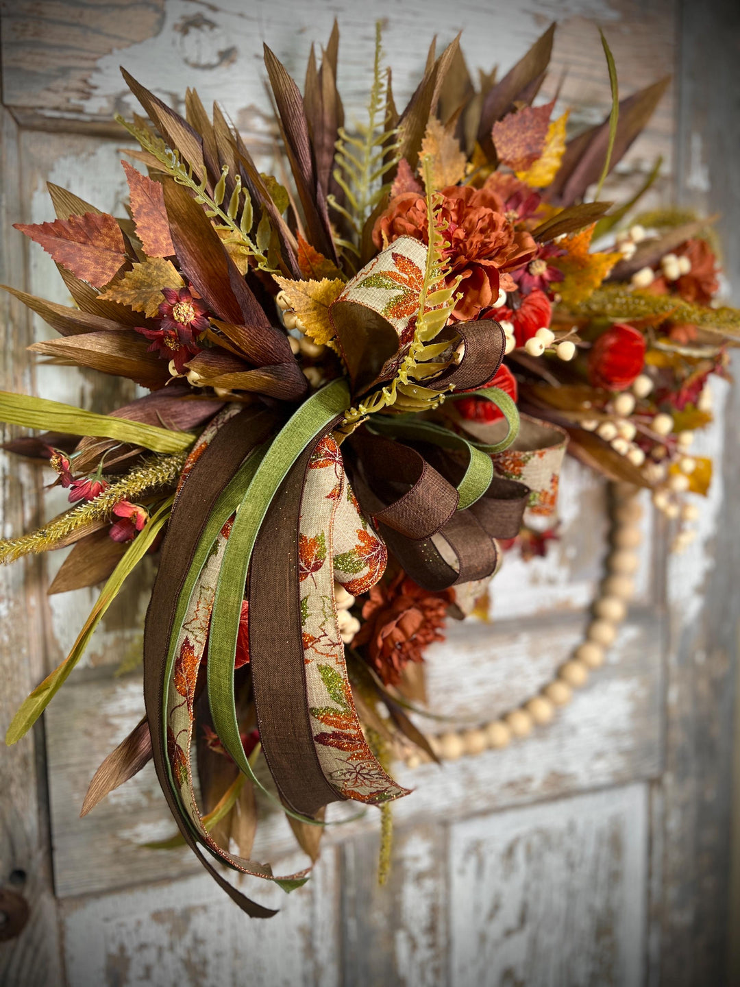 Fall Bead Wreath with Fall Florals and Pumpkins