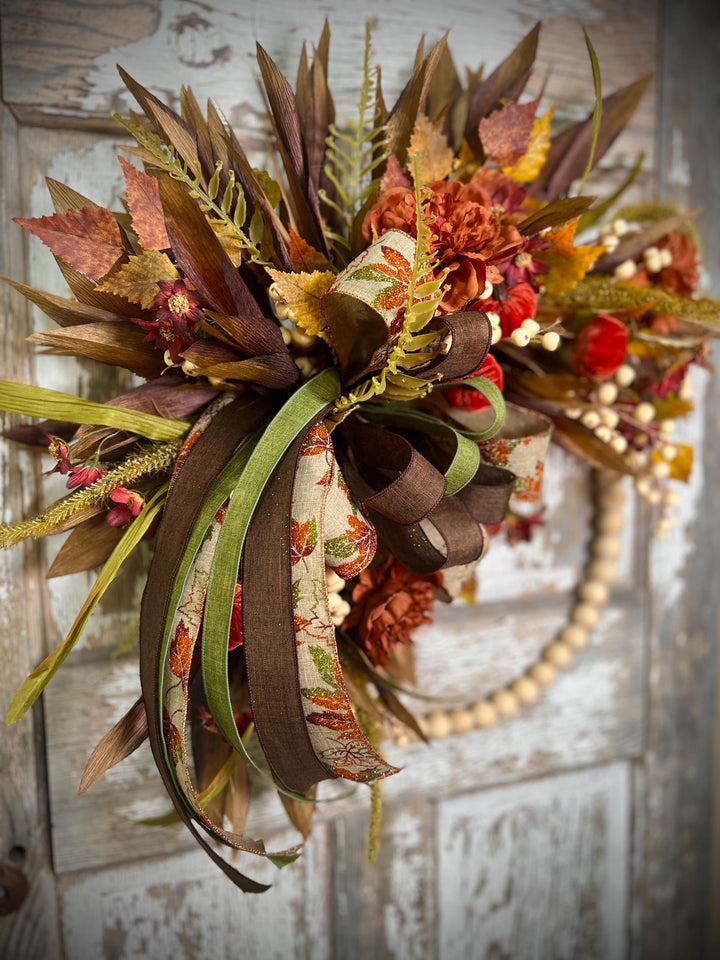 Fall Bead Wreath with Fall Florals and Pumpkins