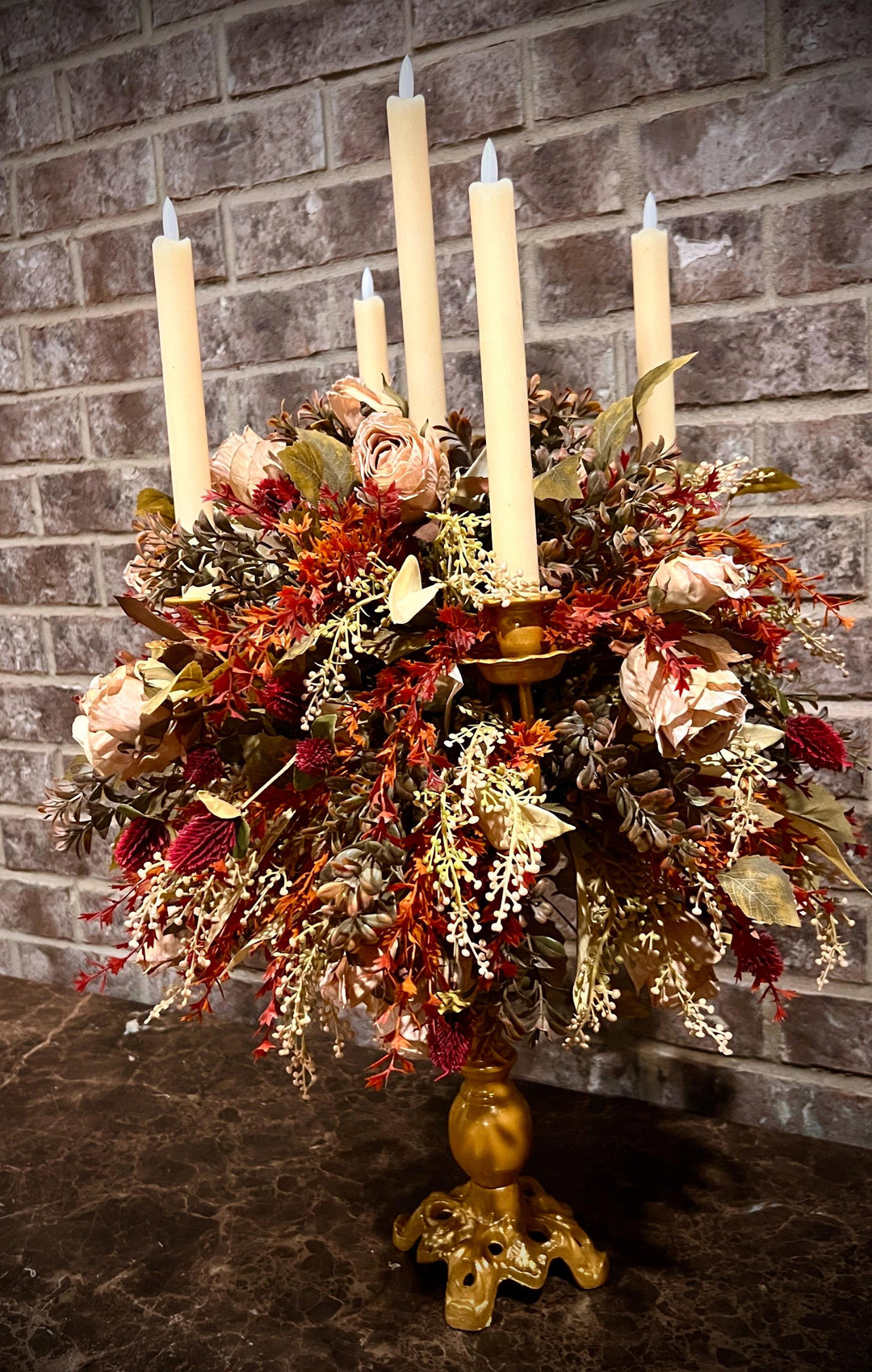 Candelabra’s: Faux Fall Floral and Dried Cream Roses with battery powered candles
