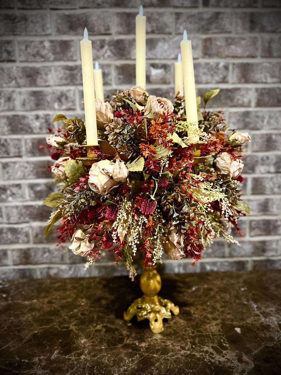 Candelabra’s: Faux Fall Floral and Dried Cream Roses with battery powered candles