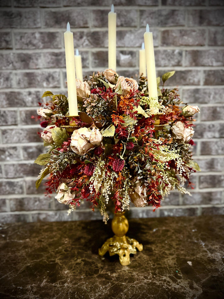 Candelabra’s: Faux Fall Floral and Dried Cream Roses with battery powered candles
