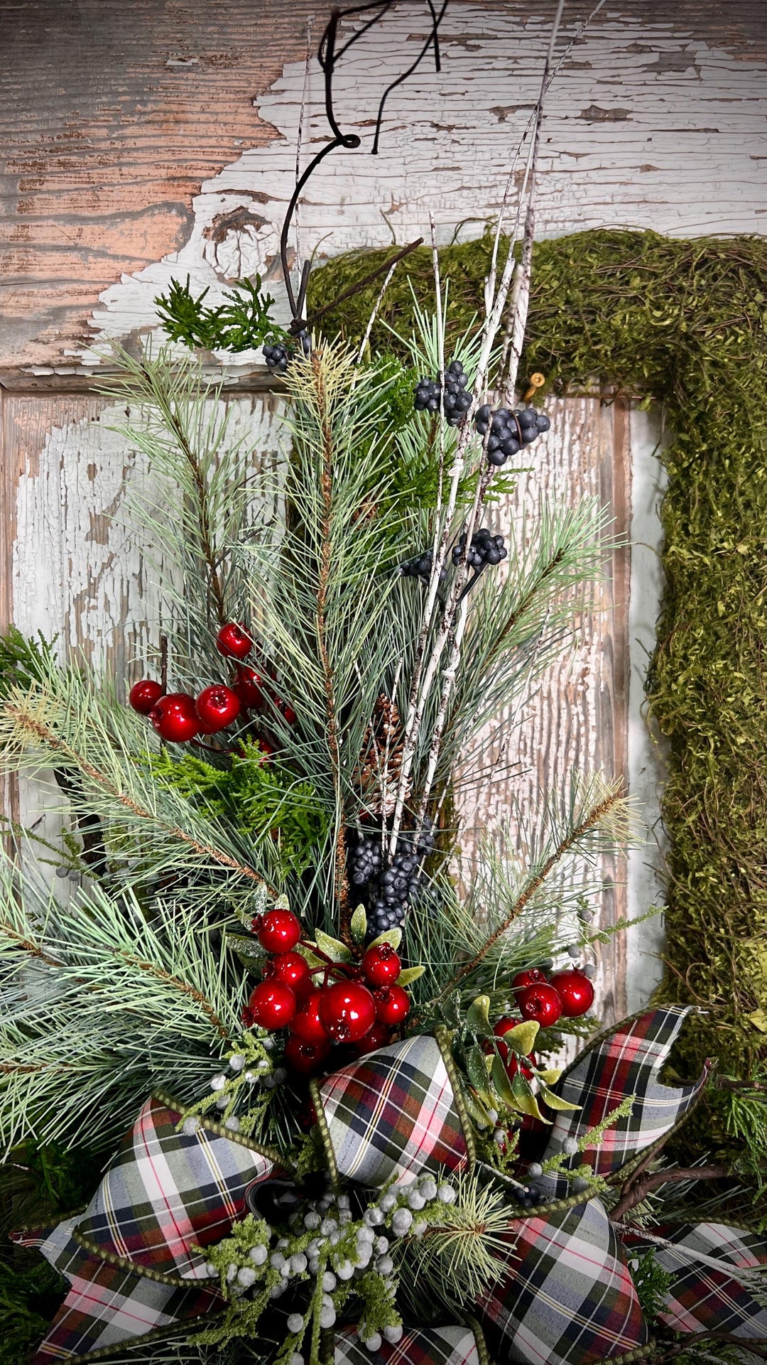 Rustic Woodland Moss Christmas Wreath - Designer ribbon Bow
