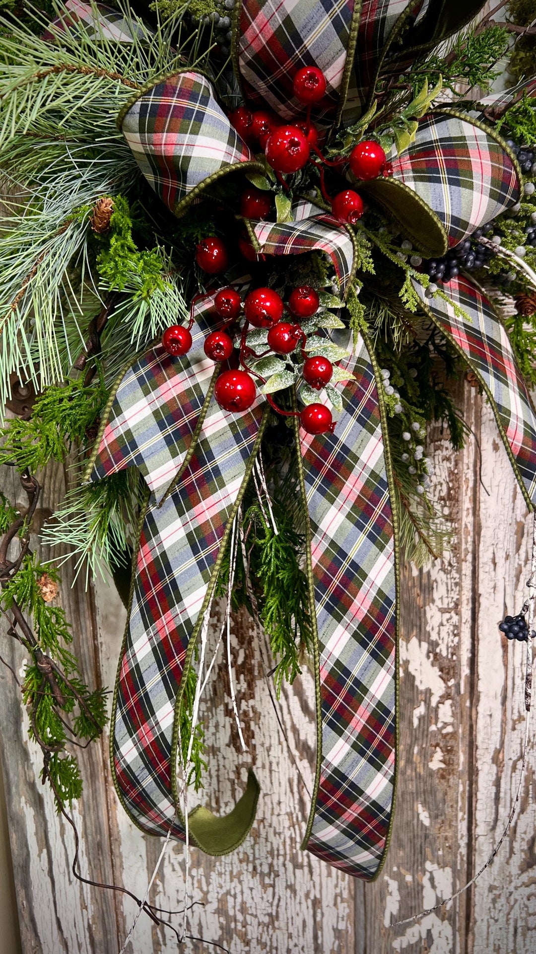 Rustic Woodland Moss Christmas Wreath - Designer ribbon Bow