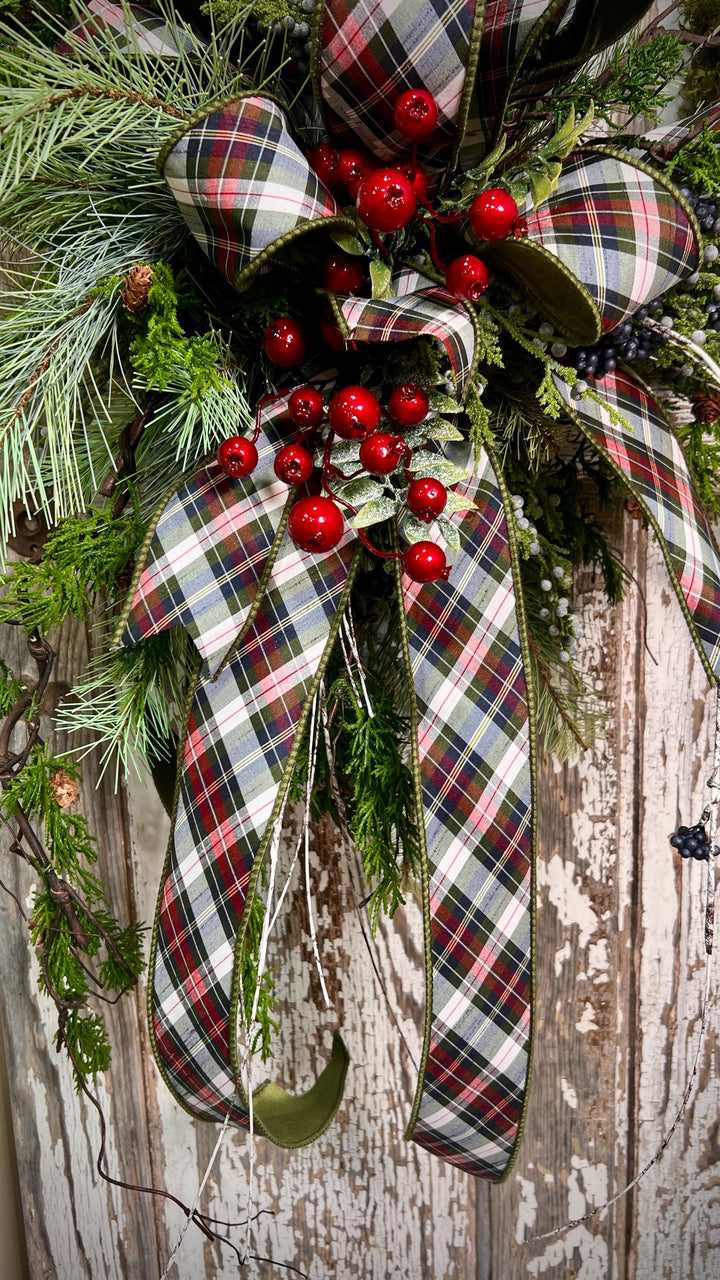 Rustic Woodland Moss Christmas Wreath - Designer ribbon Bow