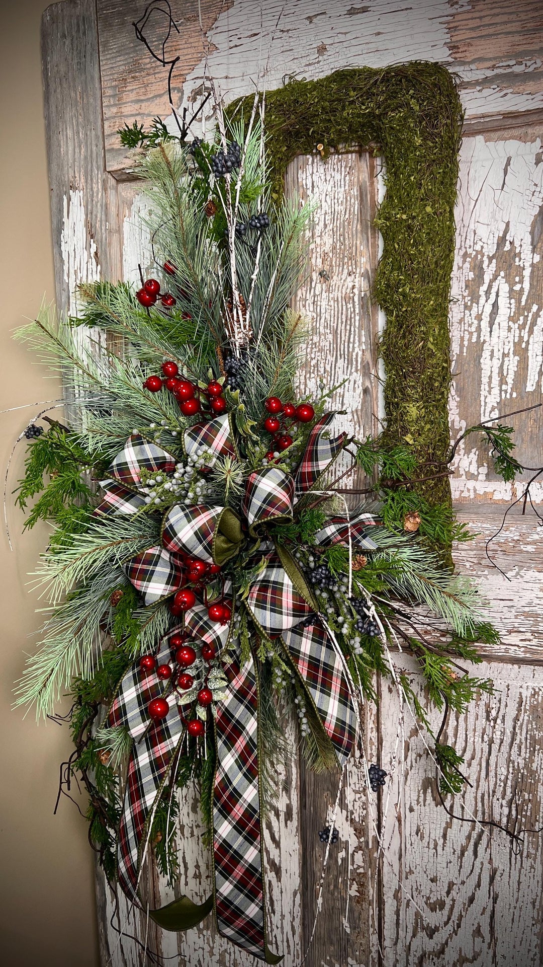 Rustic Woodland Moss Christmas Wreath - Designer ribbon Bow