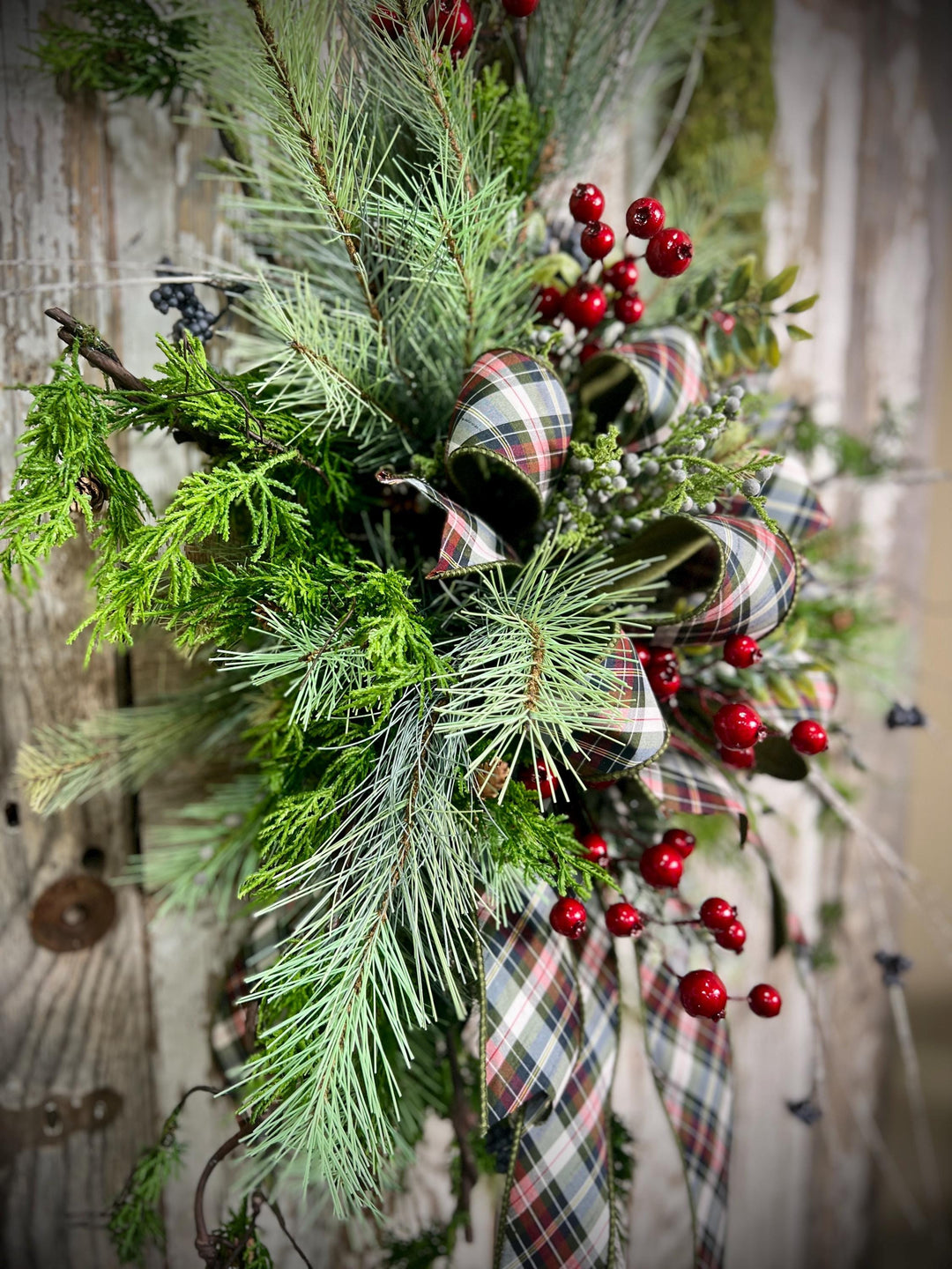 Rustic Woodland Moss Christmas Wreath - Designer ribbon Bow