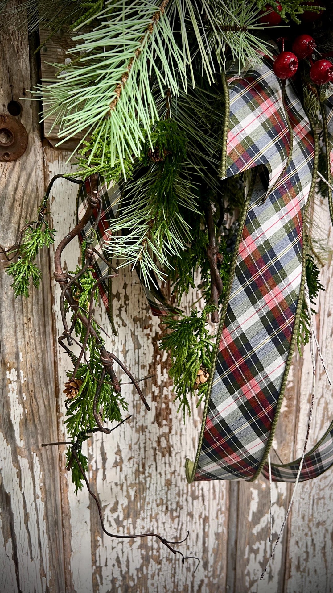Rustic Woodland Moss Christmas Wreath - Designer ribbon Bow