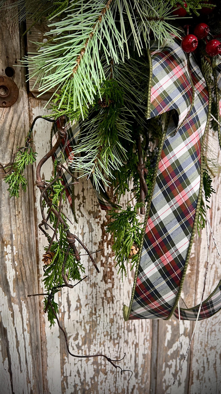 Rustic Woodland Moss Christmas Wreath - Designer ribbon Bow