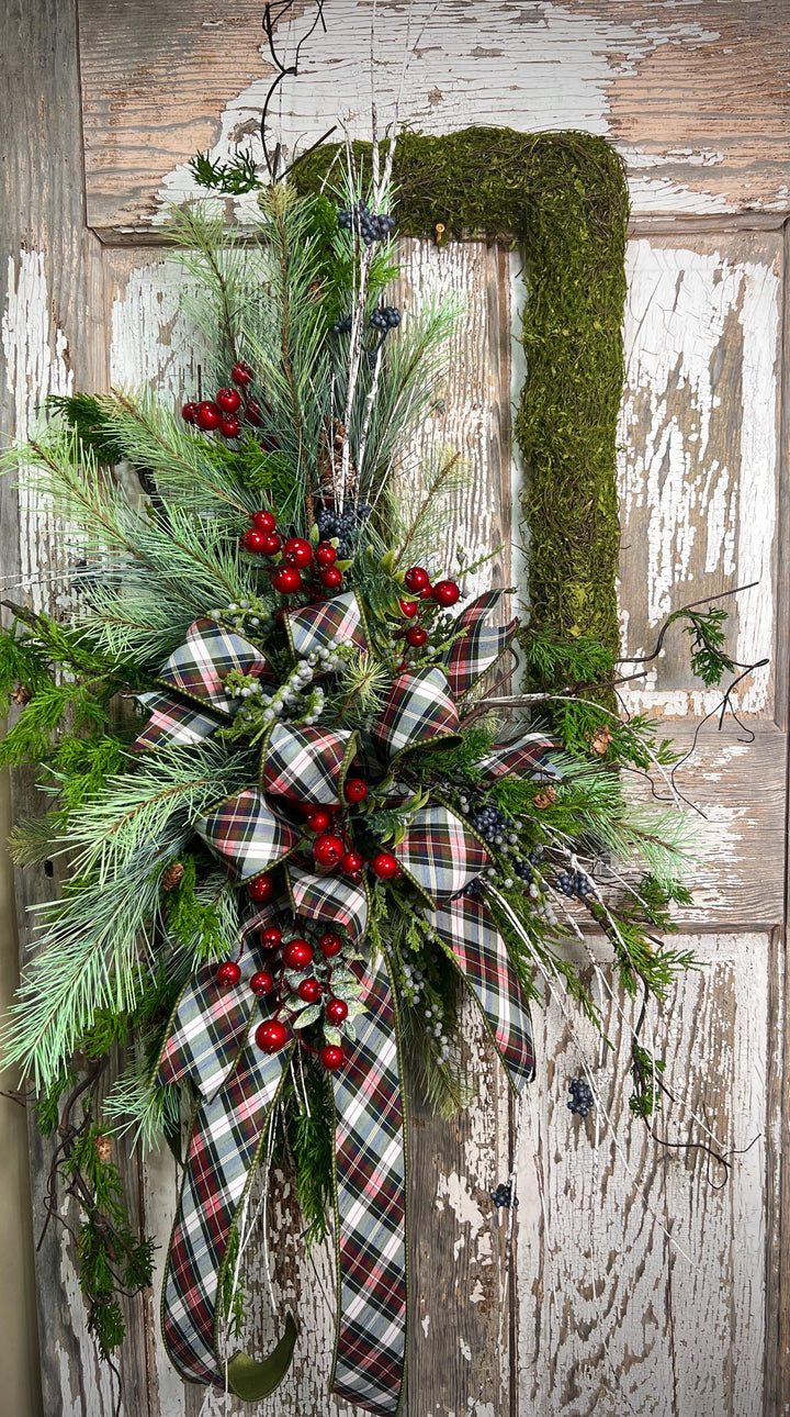 Rustic Woodland Moss Christmas Wreath - Designer ribbon Bow
