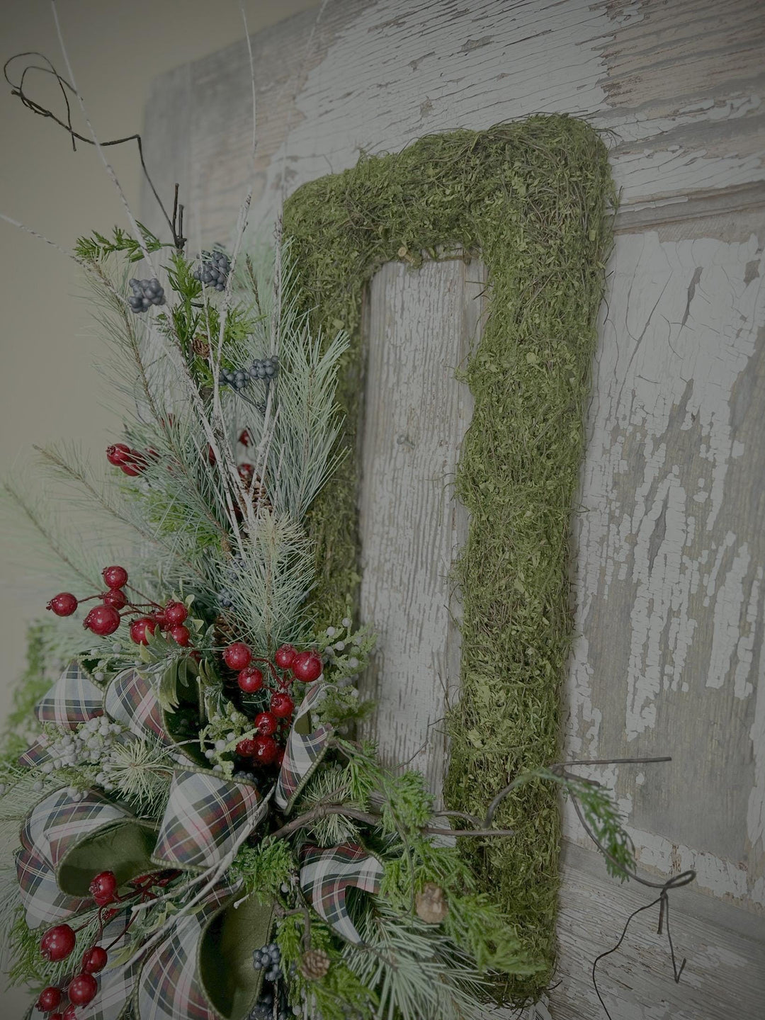 Rustic Woodland Moss Christmas Wreath - Designer ribbon Bow