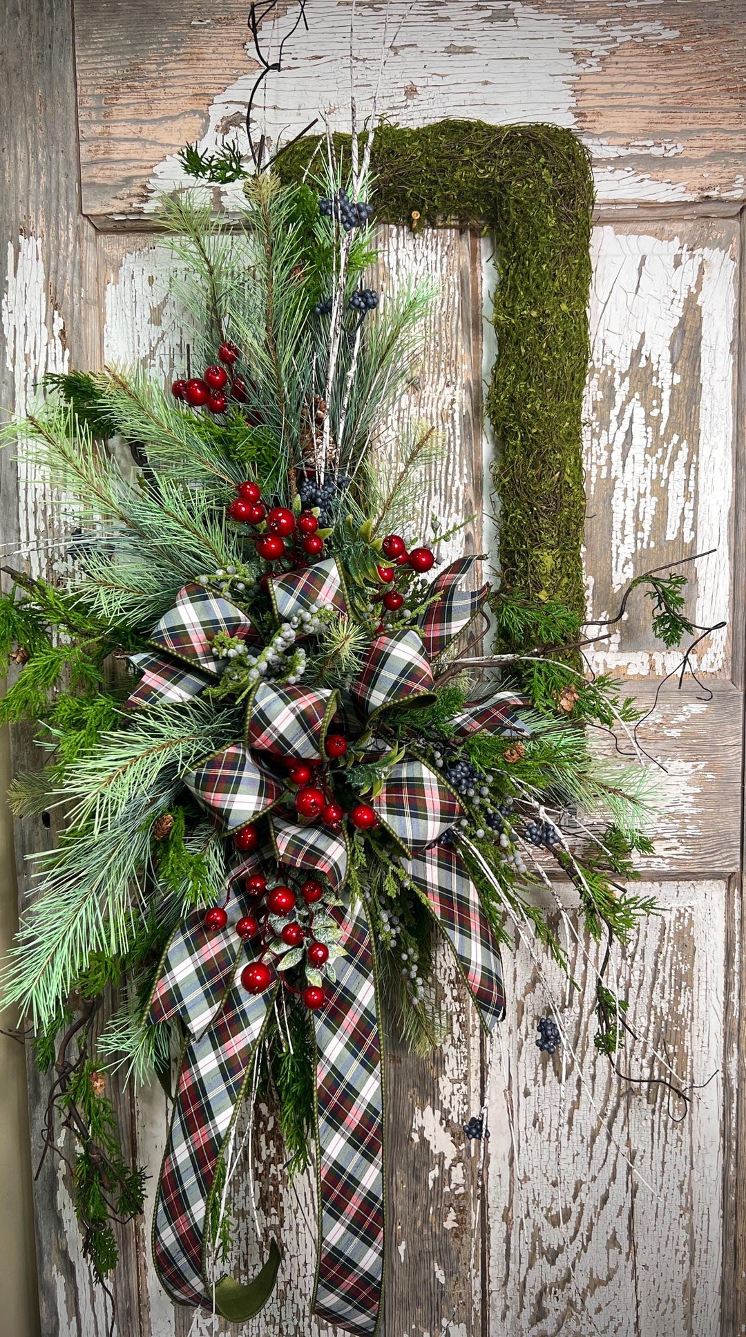Rustic Woodland Moss Christmas Wreath - Designer ribbon Bow