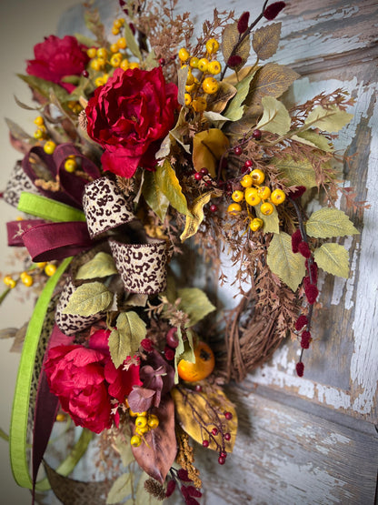 Autumn Vibes Grapevine Wreath: Leopard Print Fall Bow