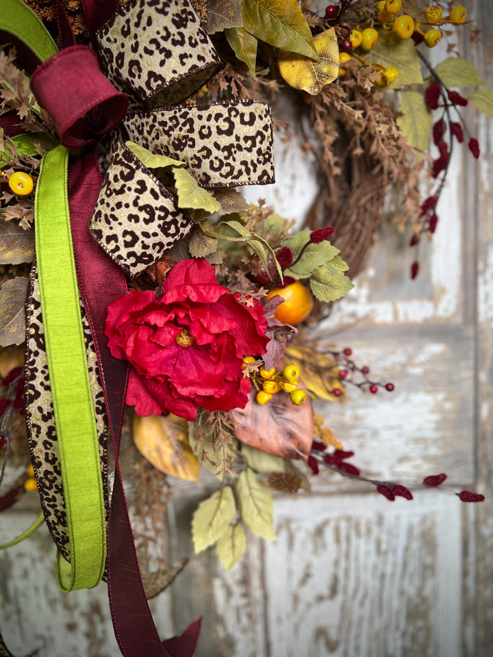 Autumn Vibes Grapevine Wreath: Leopard Print Fall Bow