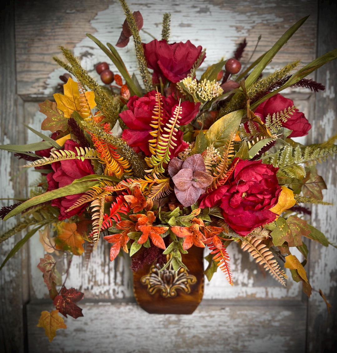 Farmhouse Fall Wall or Door Hanger- Large Peonies, Ferns and Fall Leaf Foliage