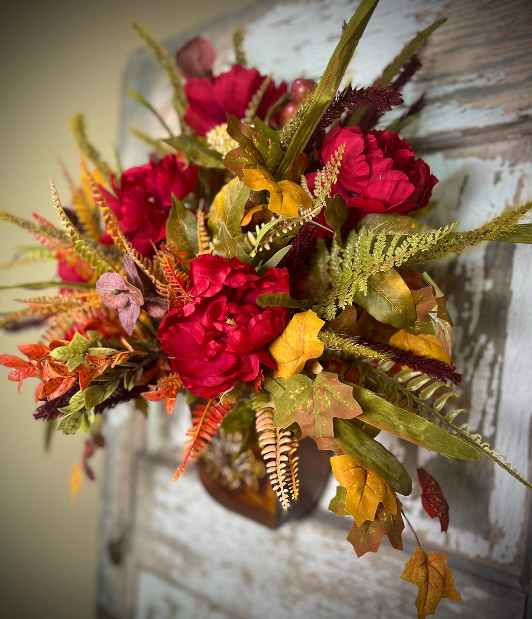 Farmhouse Fall Wall or Door Hanger- Large Peonies, Ferns and Fall Leaf Foliage