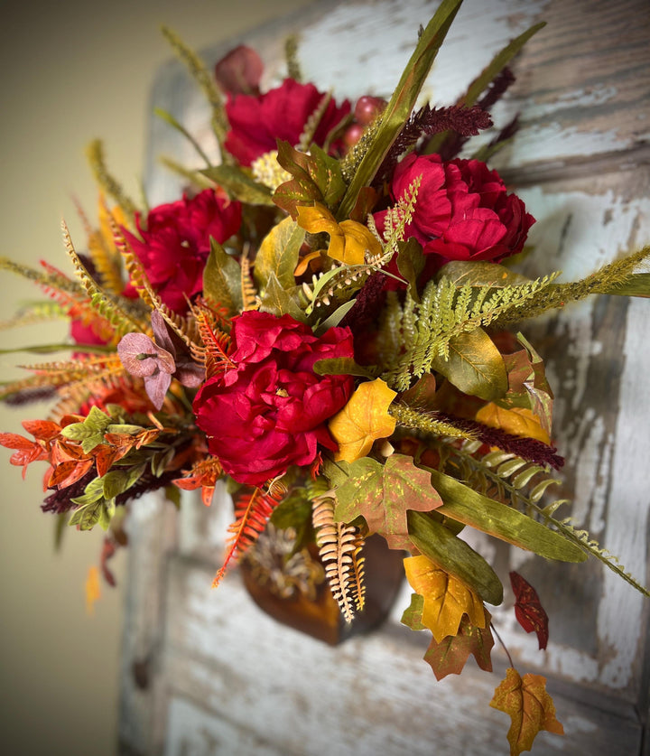 Farmhouse Fall Wall or Door Hanger- Large Peonies, Ferns and Fall Leaf Foliage