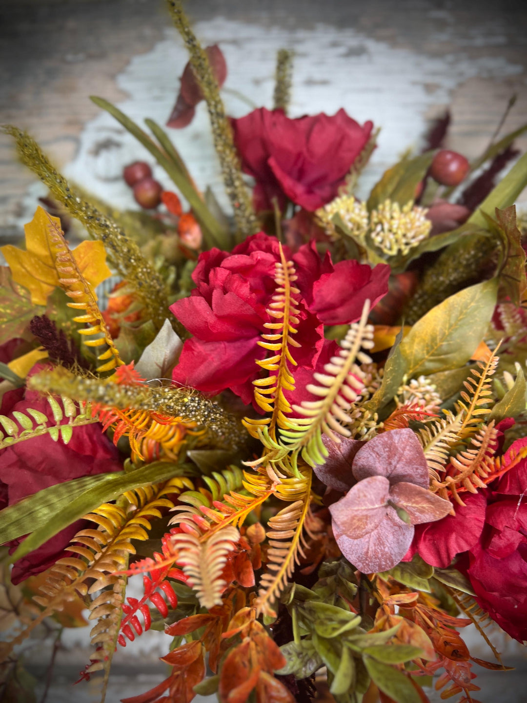 Farmhouse Fall Wall or Door Hanger- Large Peonies, Ferns and Fall Leaf Foliage