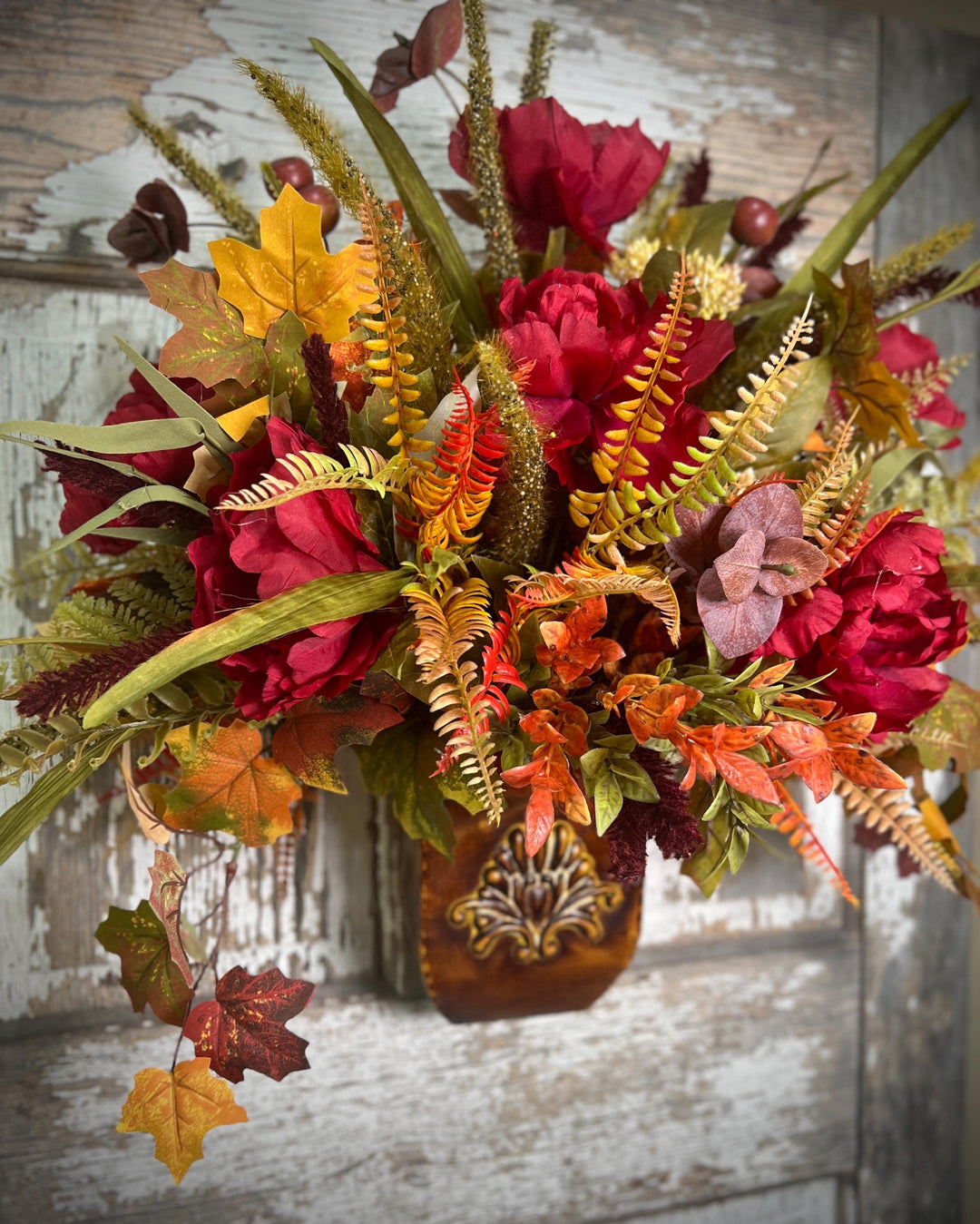 Farmhouse Fall Wall or Door Hanger- Large Peonies, Ferns and Fall Leaf Foliage
