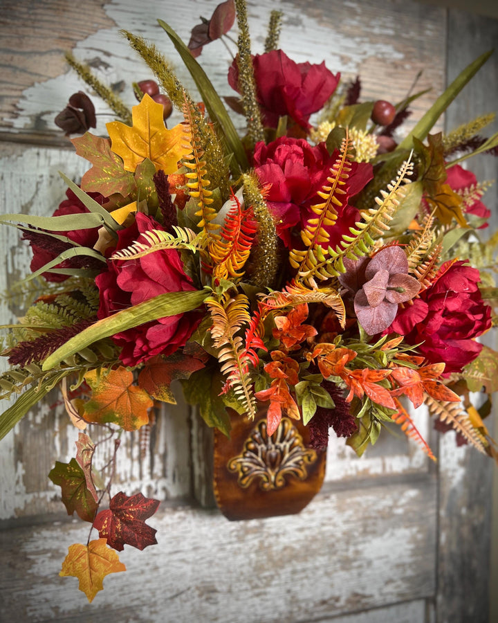 Farmhouse Fall Wall or Door Hanger- Large Peonies, Ferns and Fall Leaf Foliage