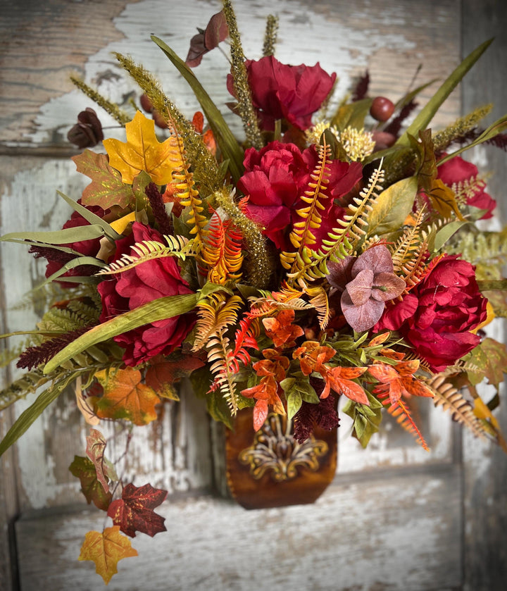Farmhouse Fall Wall or Door Hanger- Large Peonies, Ferns and Fall Leaf Foliage