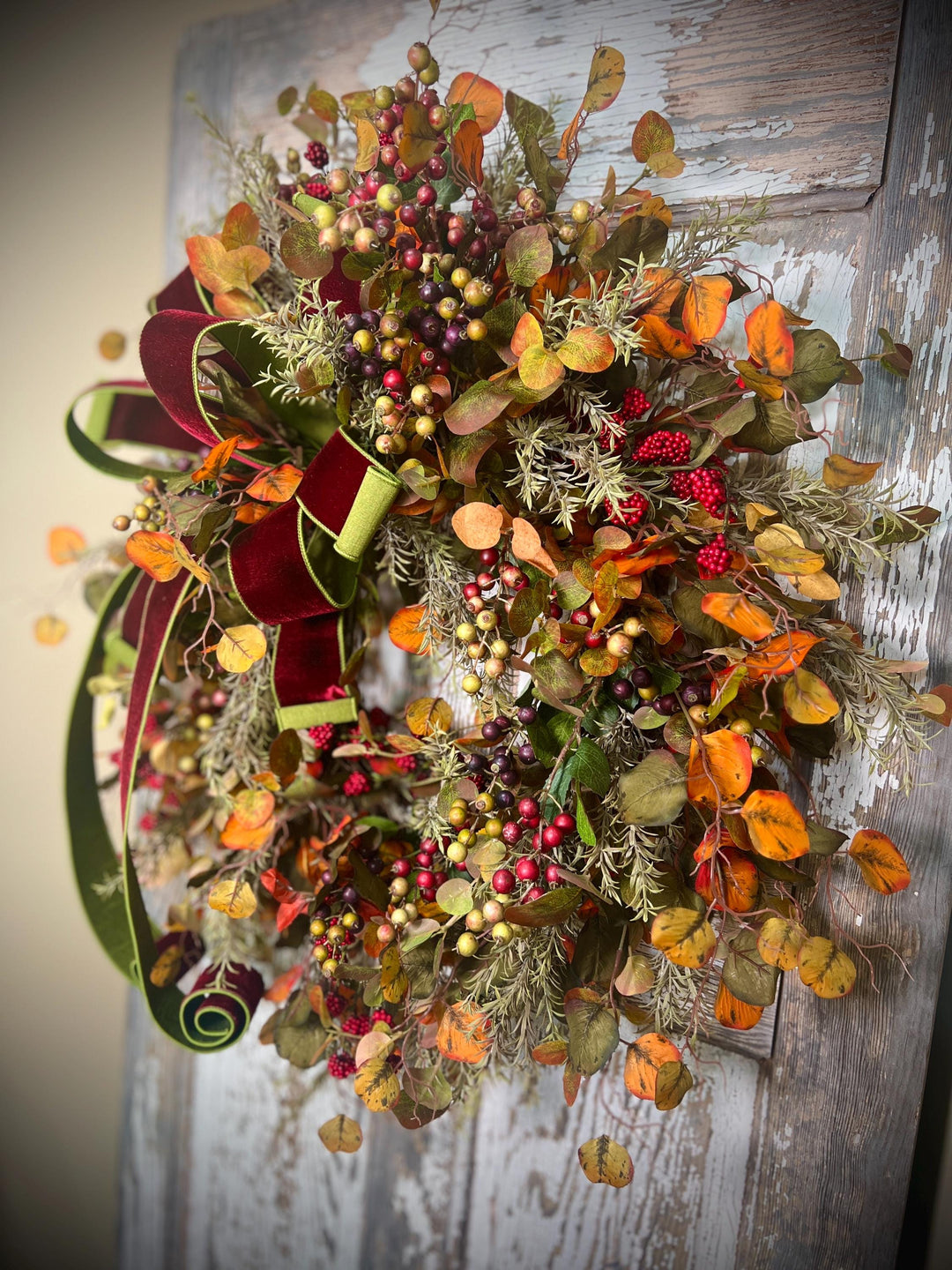 Autumn Leaf and Berry Grapevine Wreath = Designer Velvet 2 toned Bow