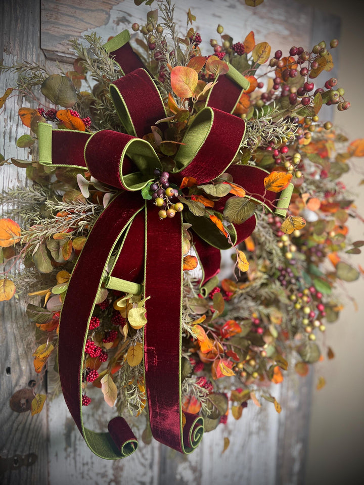 Autumn Leaf and Berry Grapevine Wreath = Designer Velvet 2 toned Bow