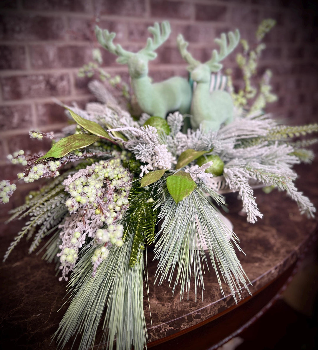 Snowy Pine and Berry Deer Arrangement - Mint Green accents