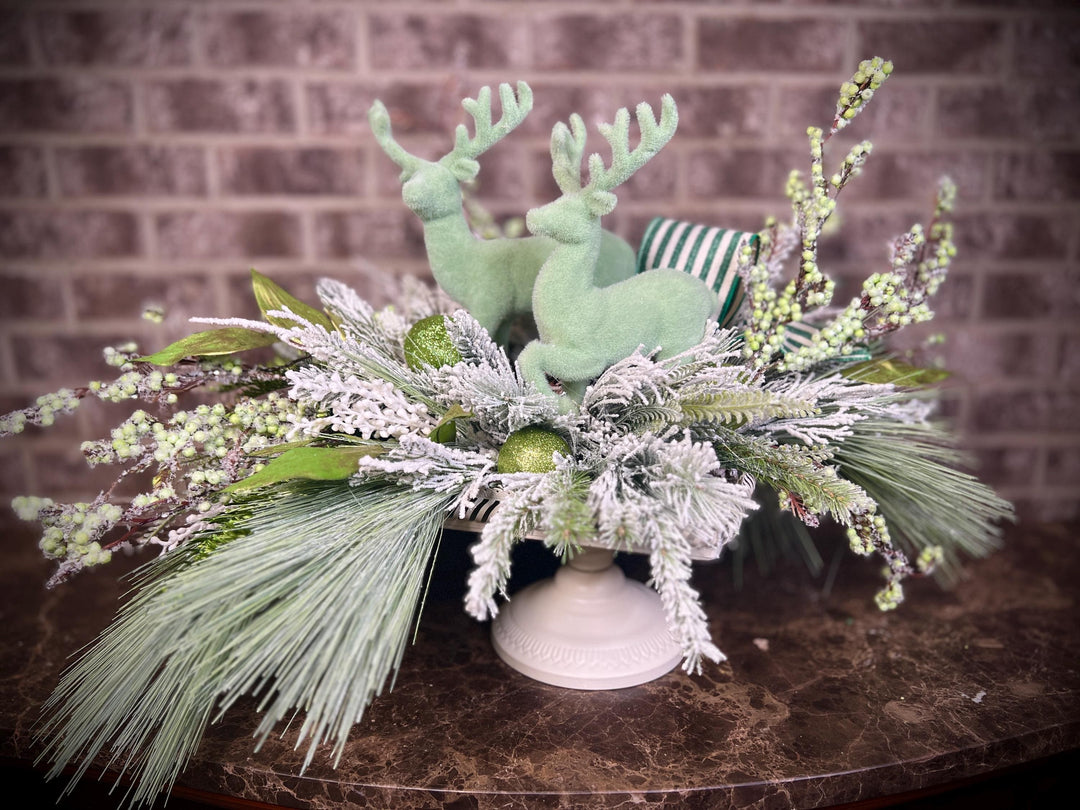 Snowy Pine and Berry Deer Arrangement - Mint Green accents