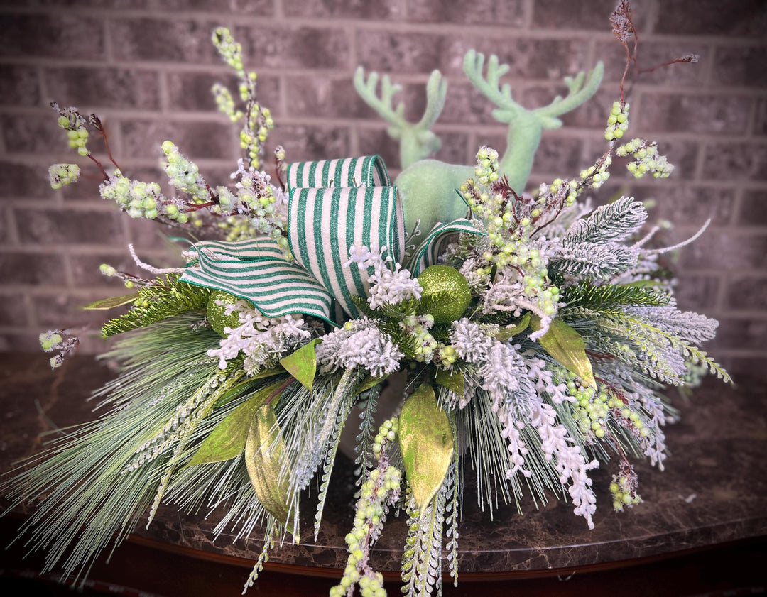 Snowy Pine and Berry Deer Arrangement - Mint Green accents