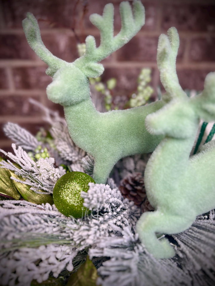 Snowy Pine and Berry Deer Arrangement - Mint Green accents