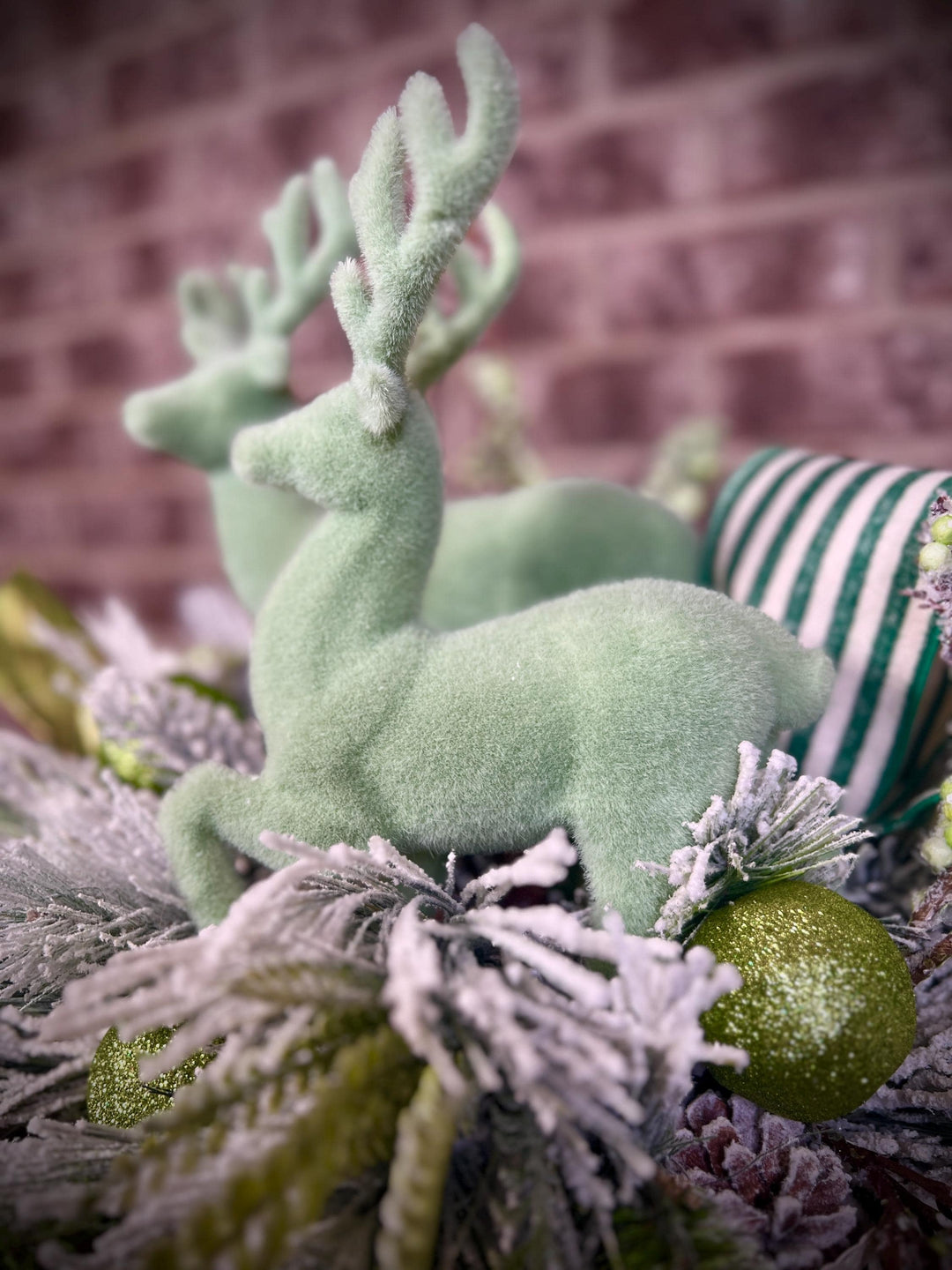 Snowy Pine and Berry Deer Arrangement - Mint Green accents