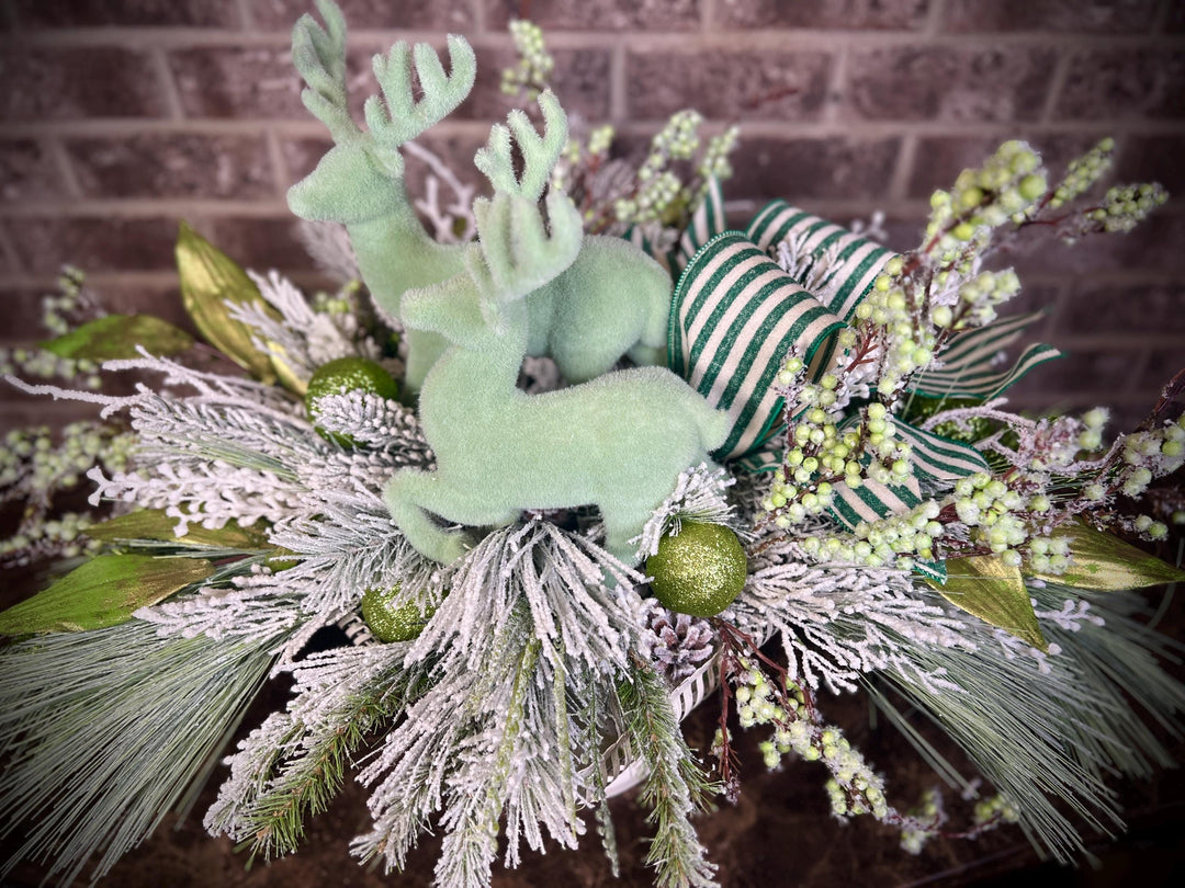 Snowy Pine and Berry Deer Arrangement - Mint Green accents