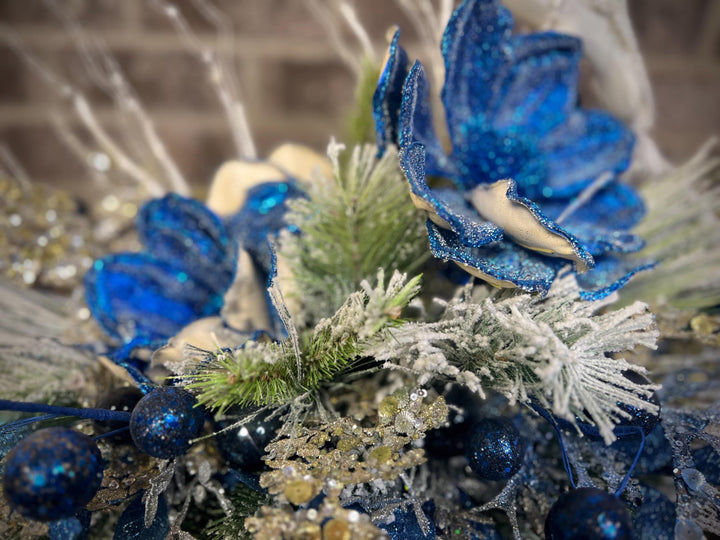 Winter Arrangement with Navy Shimmer Poinsettia with White Dove - Navy Glitter ball accents